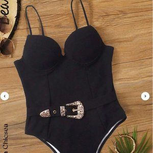 Black Western Buckle Underwired One Piece Swimsuit
